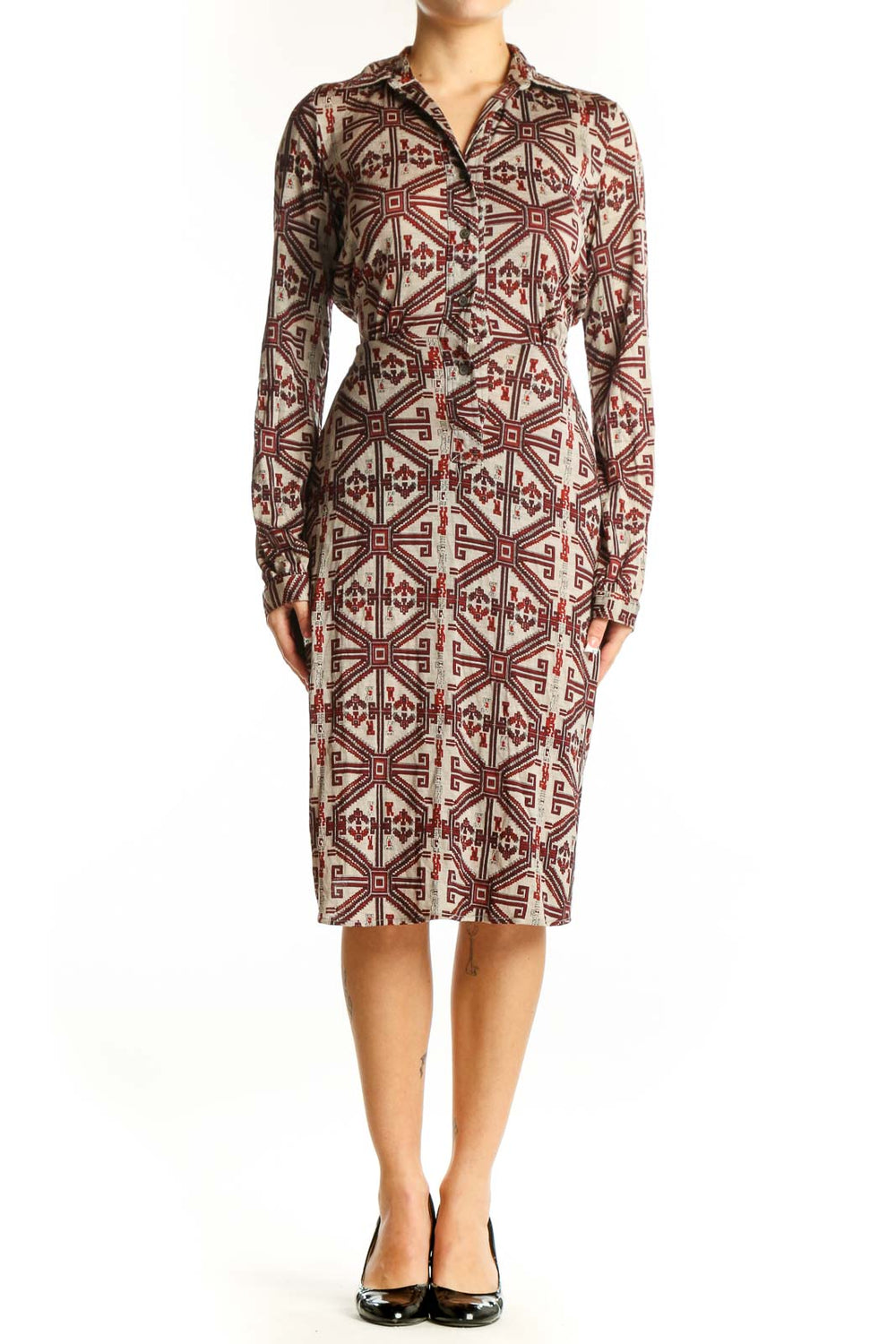 Front view of Nieves Lavi burgundy geometric print wool dress with button-down front
