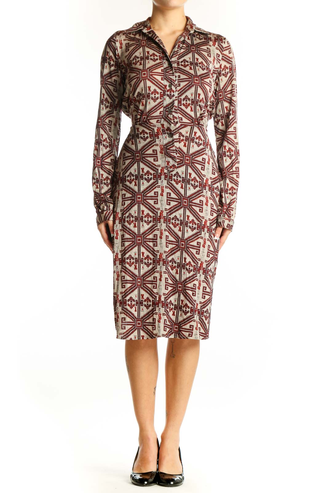 Front view of Nieves Lavi burgundy geometric print wool dress with button-down front