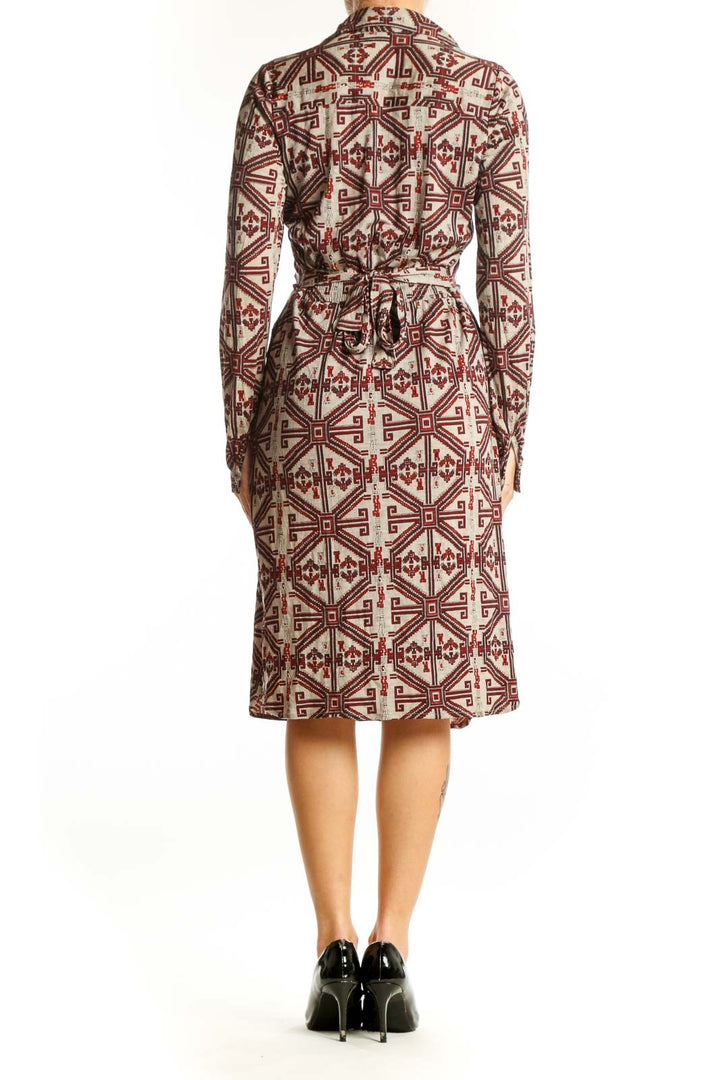 Back view of Nieves Lavi burgundy geometric print wool dress showing full length