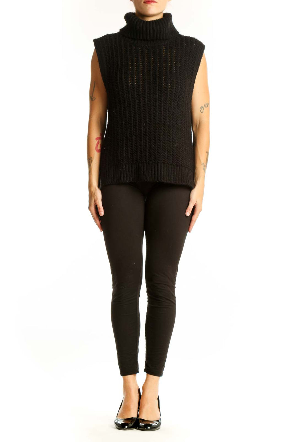 Front view of black sleeveless turtleneck sweater by SilkRoll