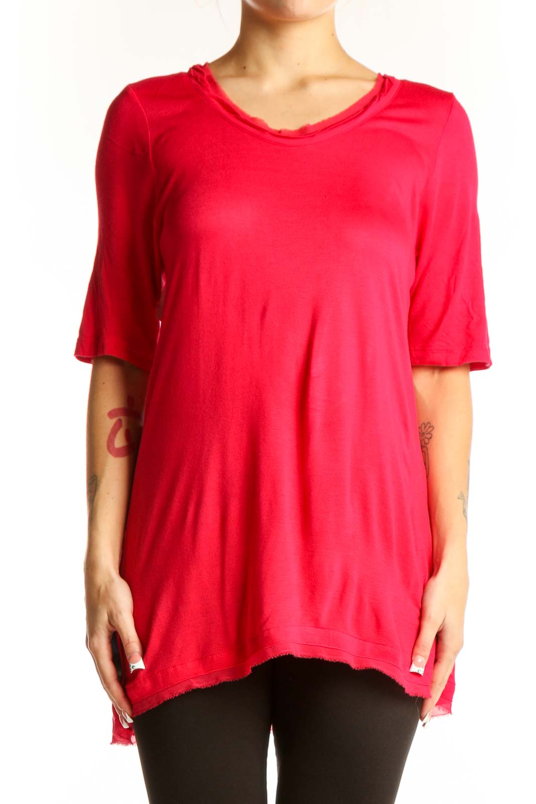 Front view of red relaxed fit elbow-sleeve top from Soft Surroundings