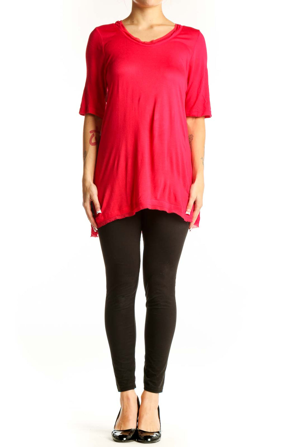 Front view of red relaxed fit elbow-sleeve top from Soft Surroundings