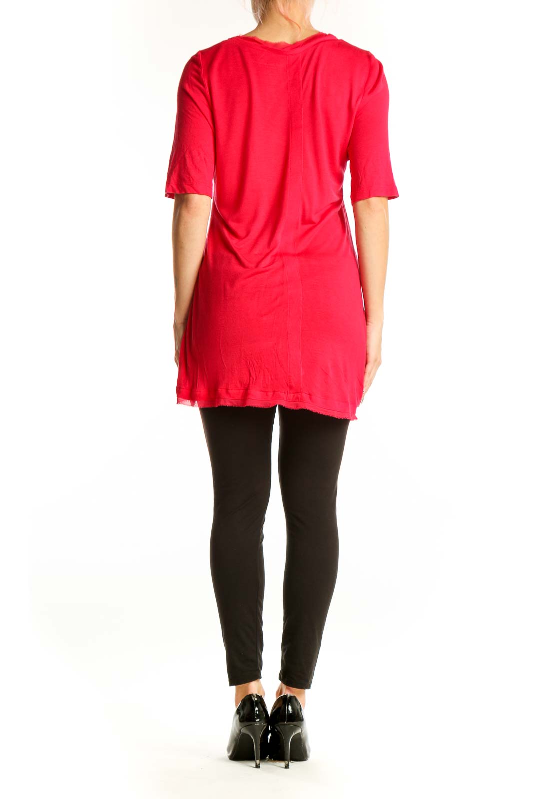 Side view of red relaxed fit elbow-sleeve top from Soft Surroundings on model
