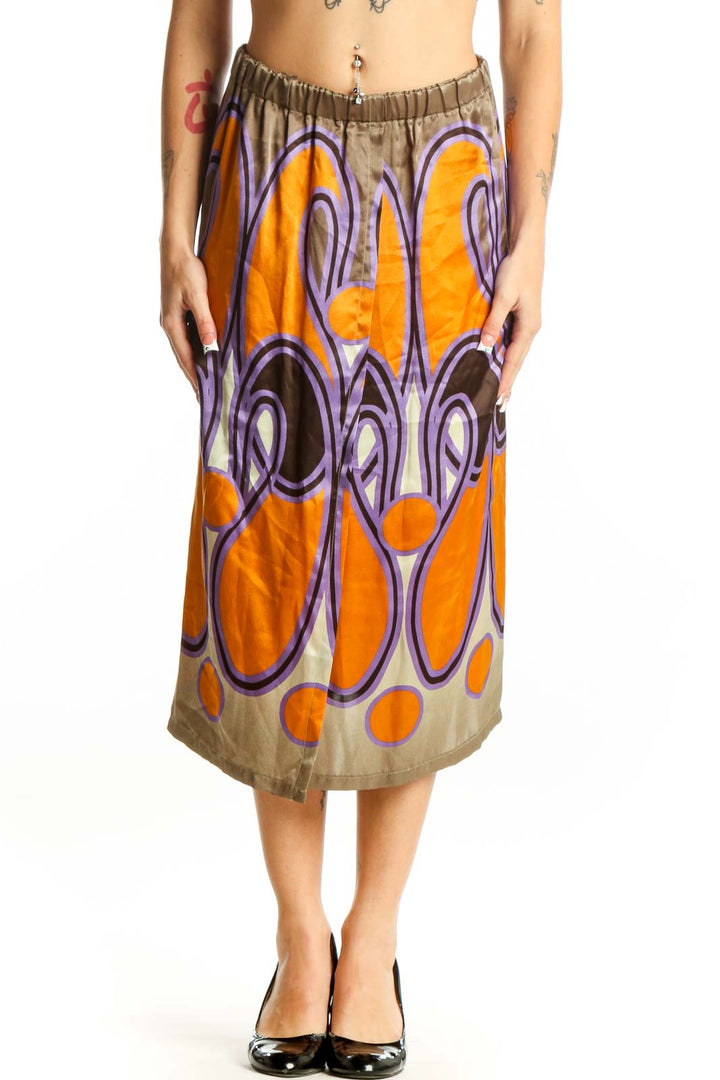 Front view of SilkRoll orange and purple abstract print silk midi skirt