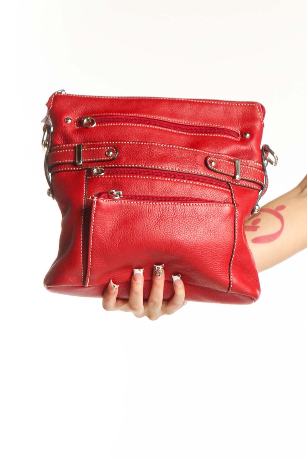 Front view of red leather Giani Bernini clutch with multiple zippered pockets