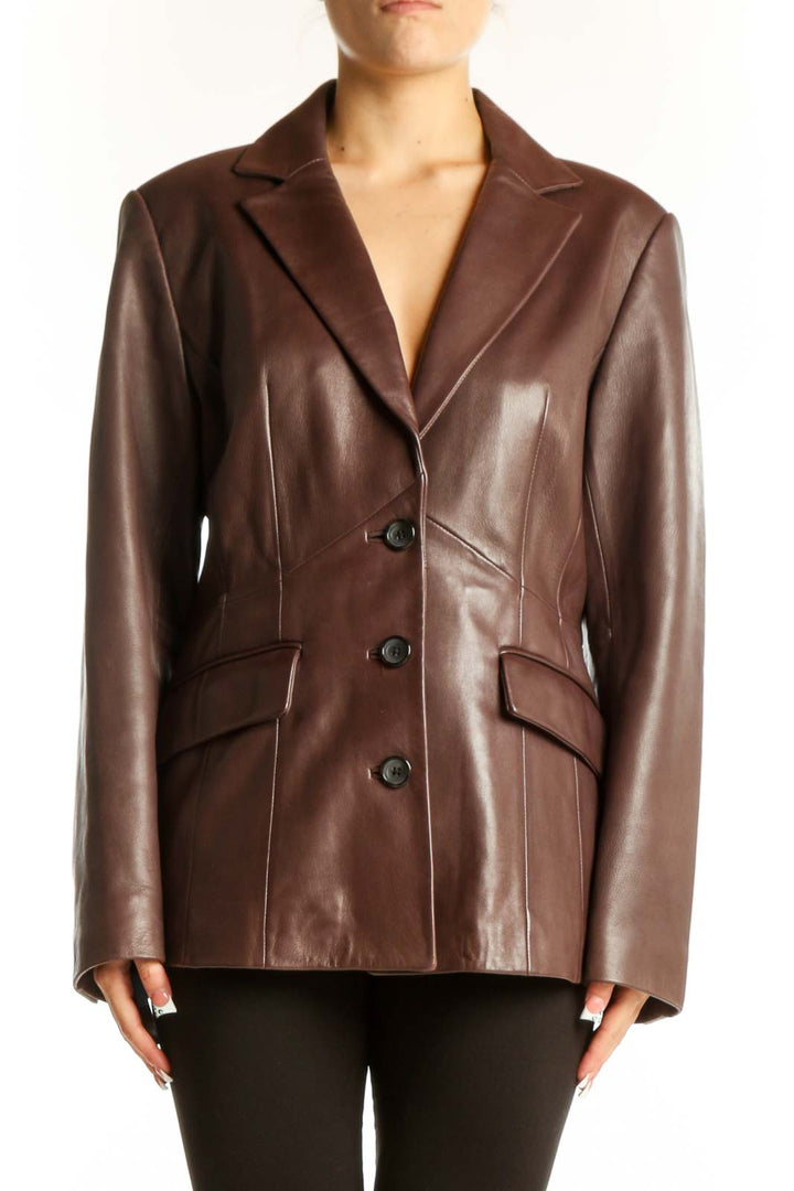 Front view of Preston & York brown lambskin leather blazer jacket