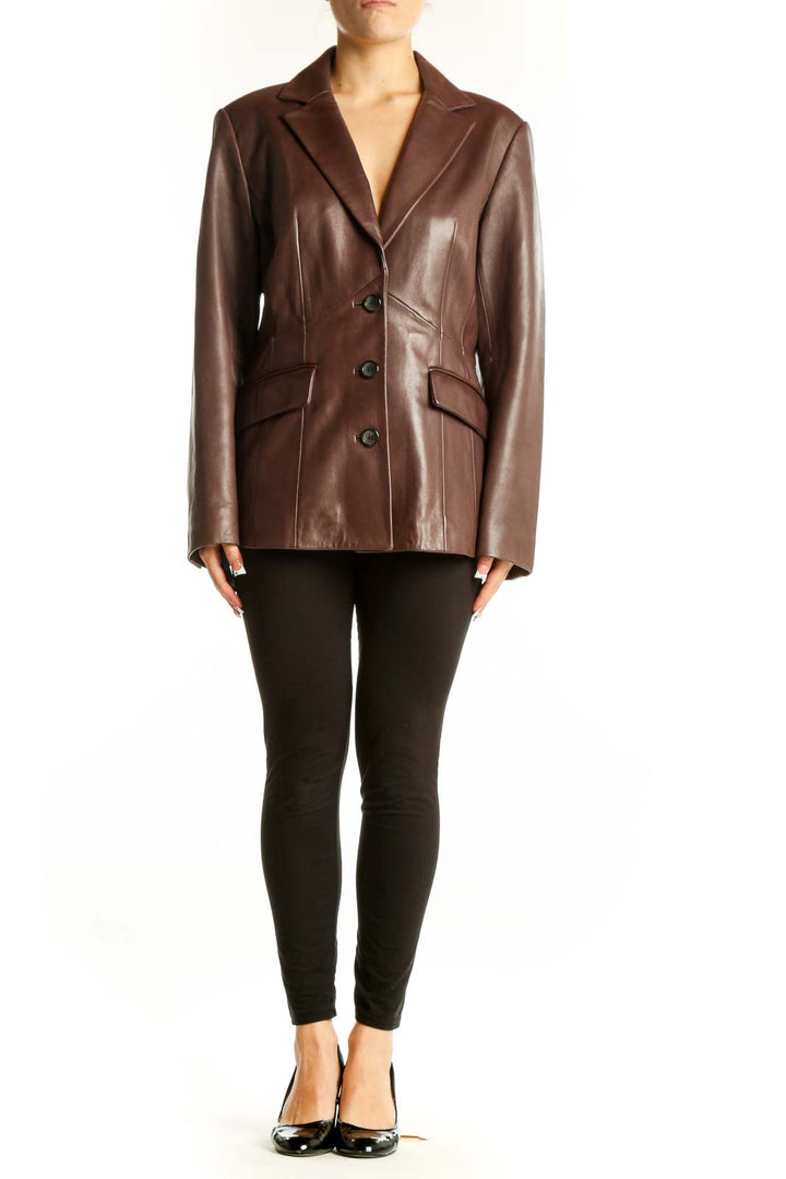 Front view of Preston & York brown lambskin leather blazer jacket