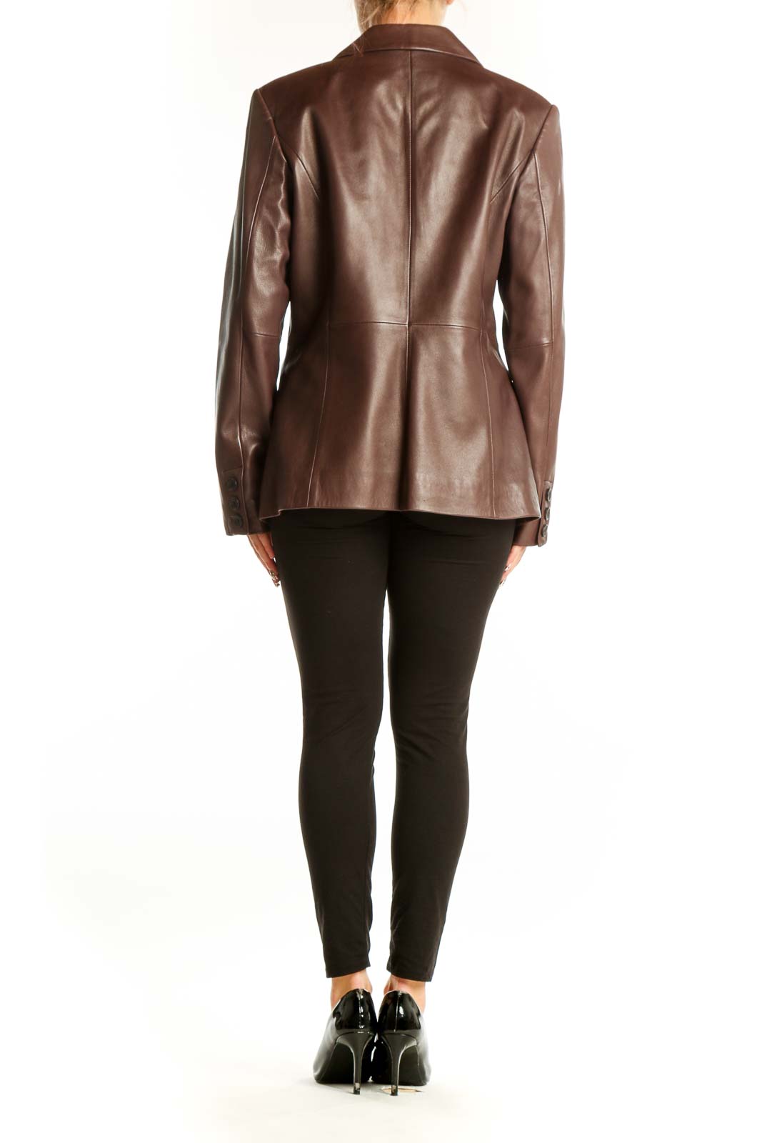 Side view of Preston & York brown lambskin leather blazer jacket on model