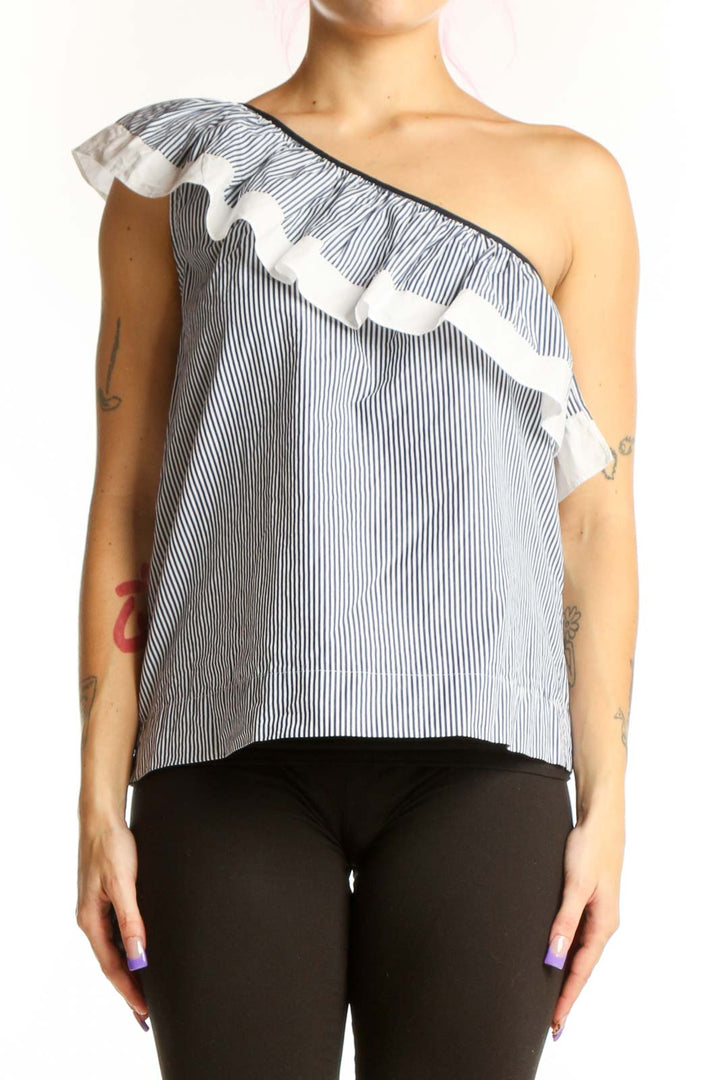 White and navy striped one-shoulder cotton top with ruffled accent by J.Crew, front view