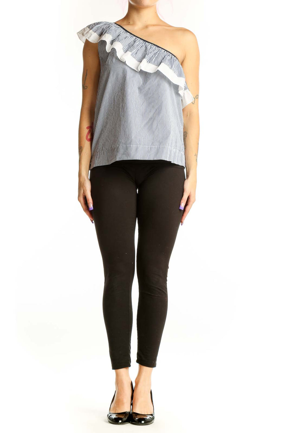 White and navy striped one-shoulder cotton top with ruffled accent by J.Crew, front view