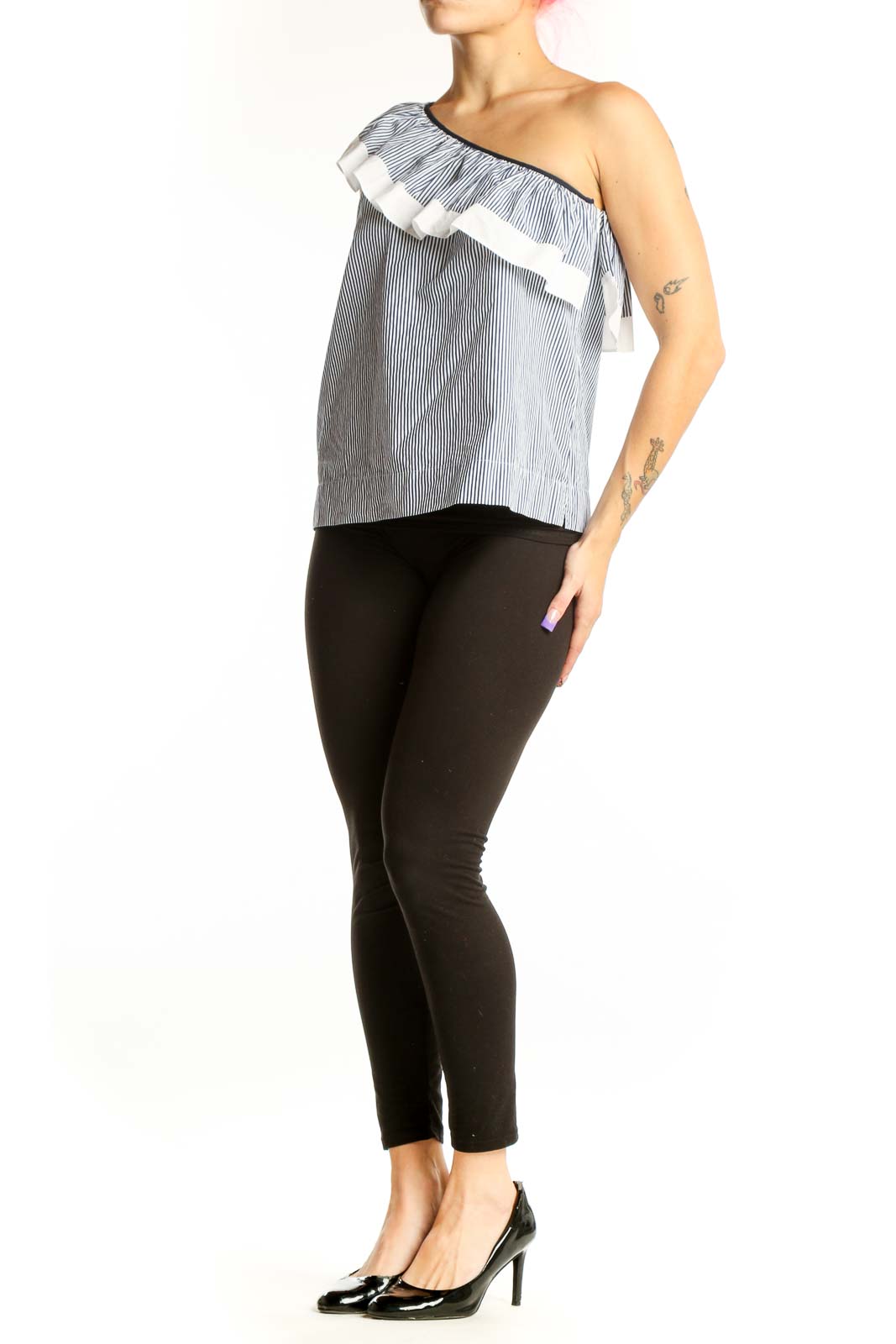 White and navy striped one-shoulder cotton top with ruffled accent by J.Crew, front view