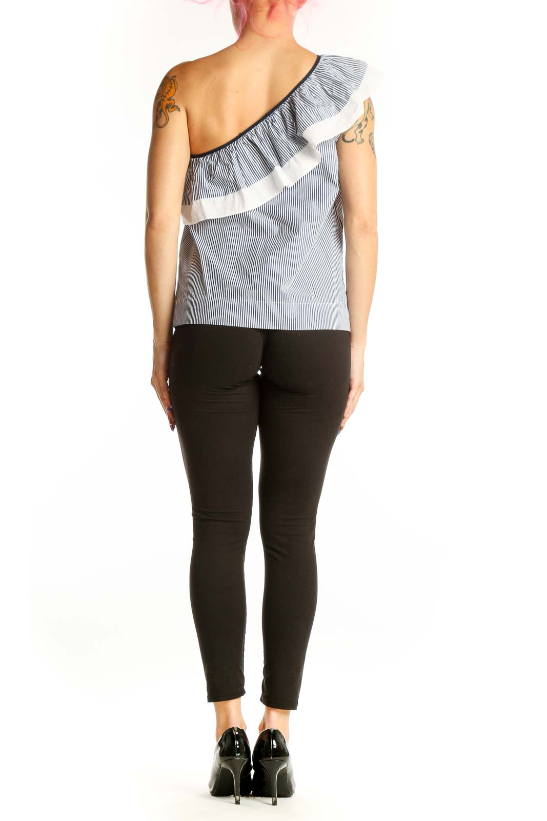 White and navy striped one-shoulder cotton top with ruffled accent by J.Crew, back view