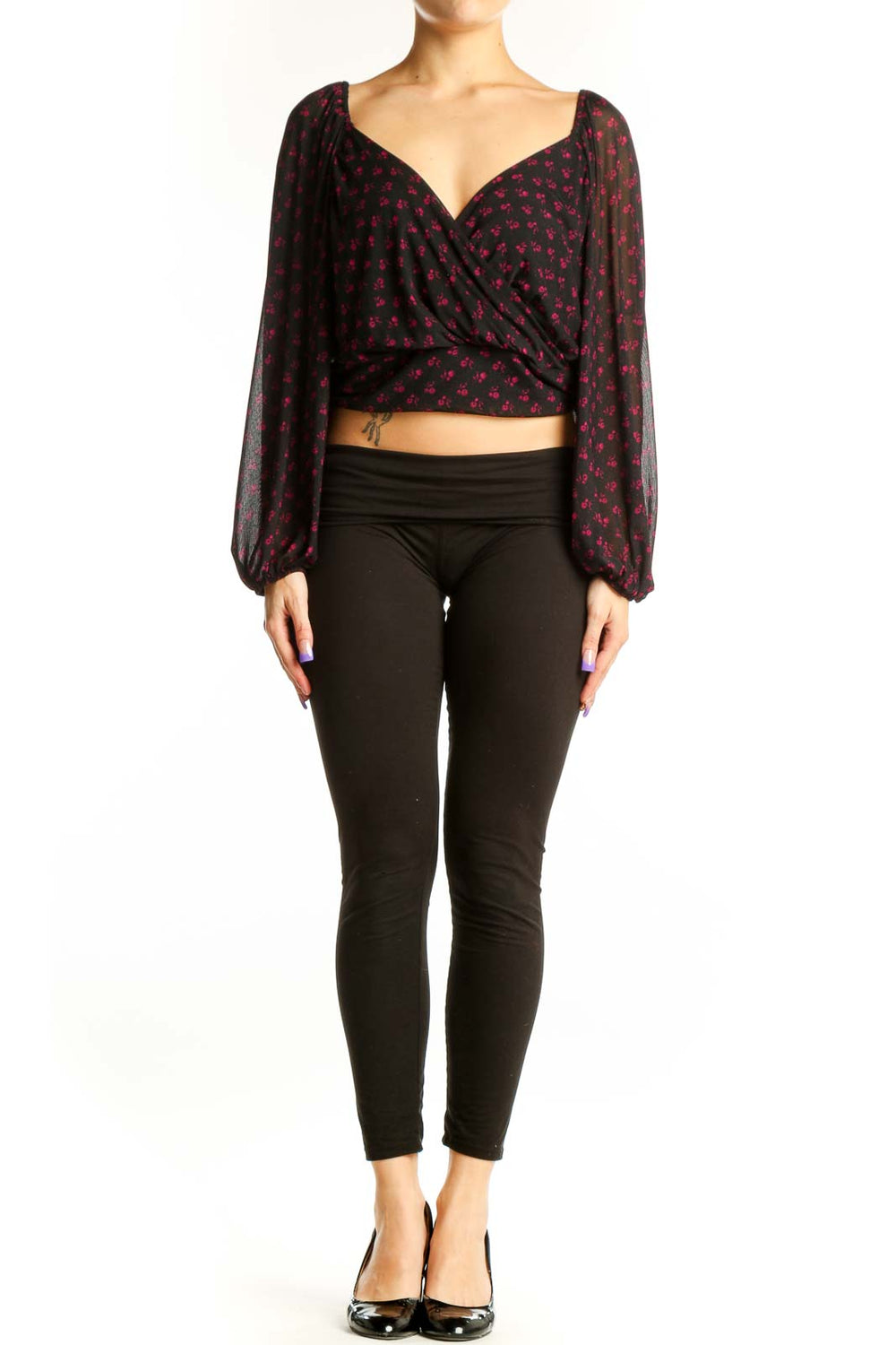 Free People burgundy floral wrap crop top with sweetheart neckline and voluminous long sleeves, front view