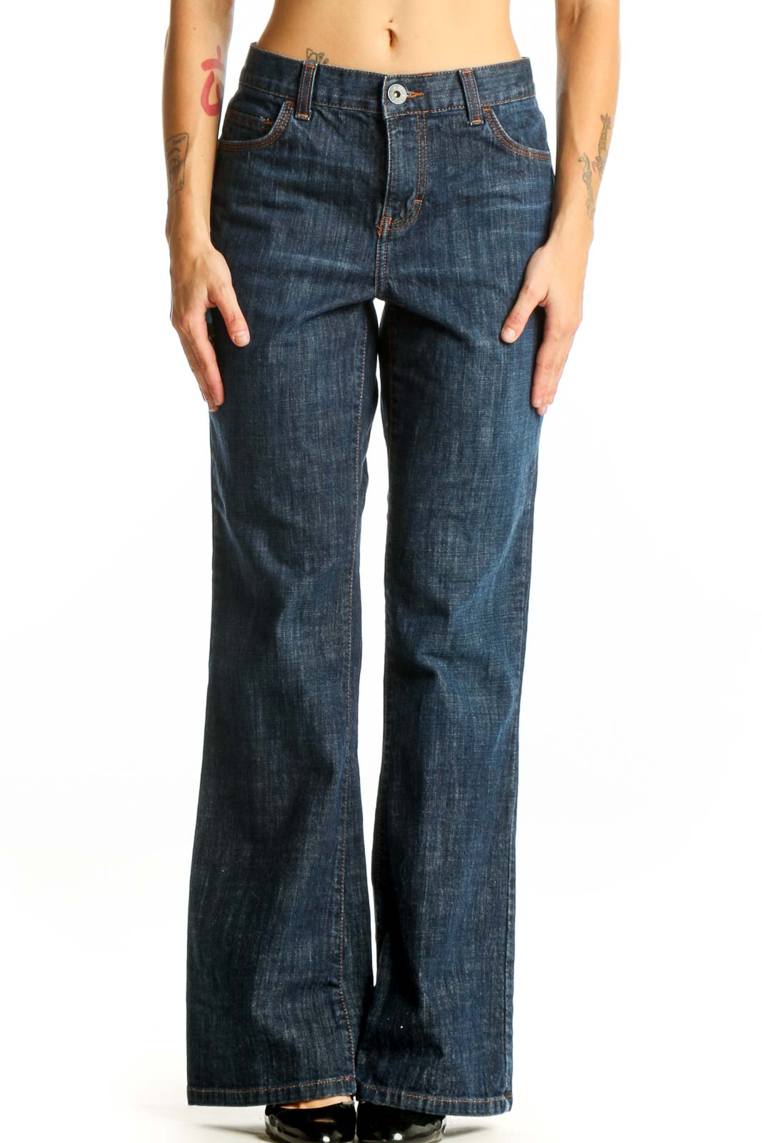 Front view of Calvin Klein dark blue wide-leg jeans