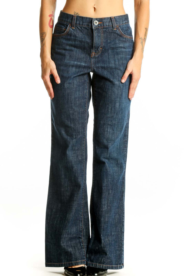 Front view of Calvin Klein dark blue wide-leg jeans