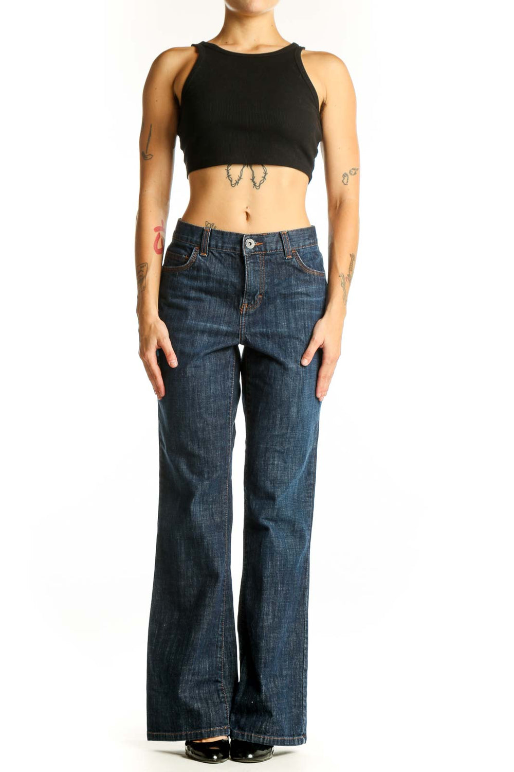 Front view of Calvin Klein dark blue wide-leg jeans