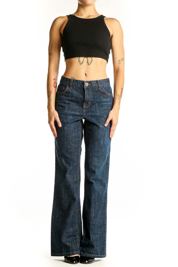 Front view of Calvin Klein dark blue wide-leg jeans