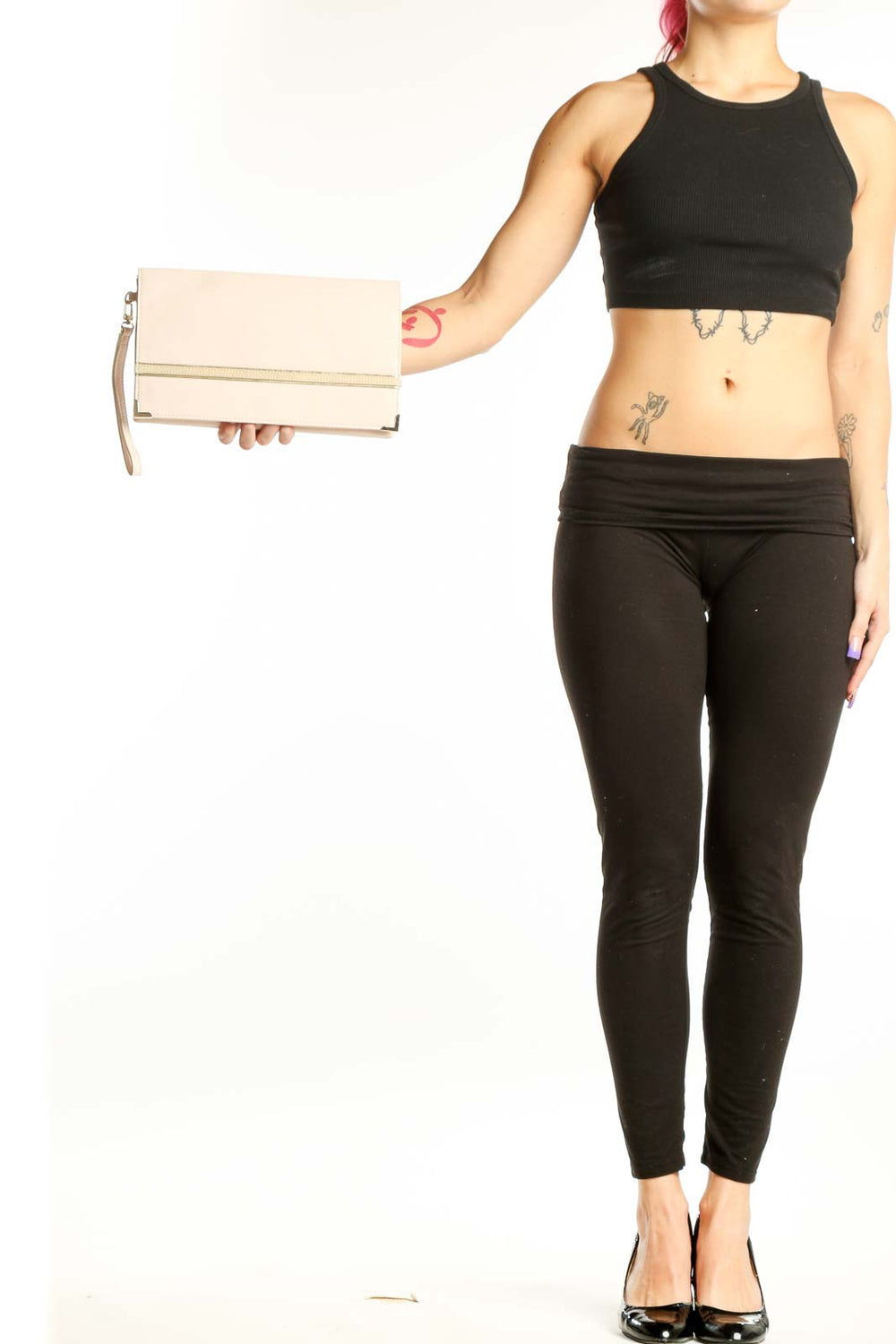 Cream fold-over clutch with gold metallic stripe detail and wrist strap by White House Black Market