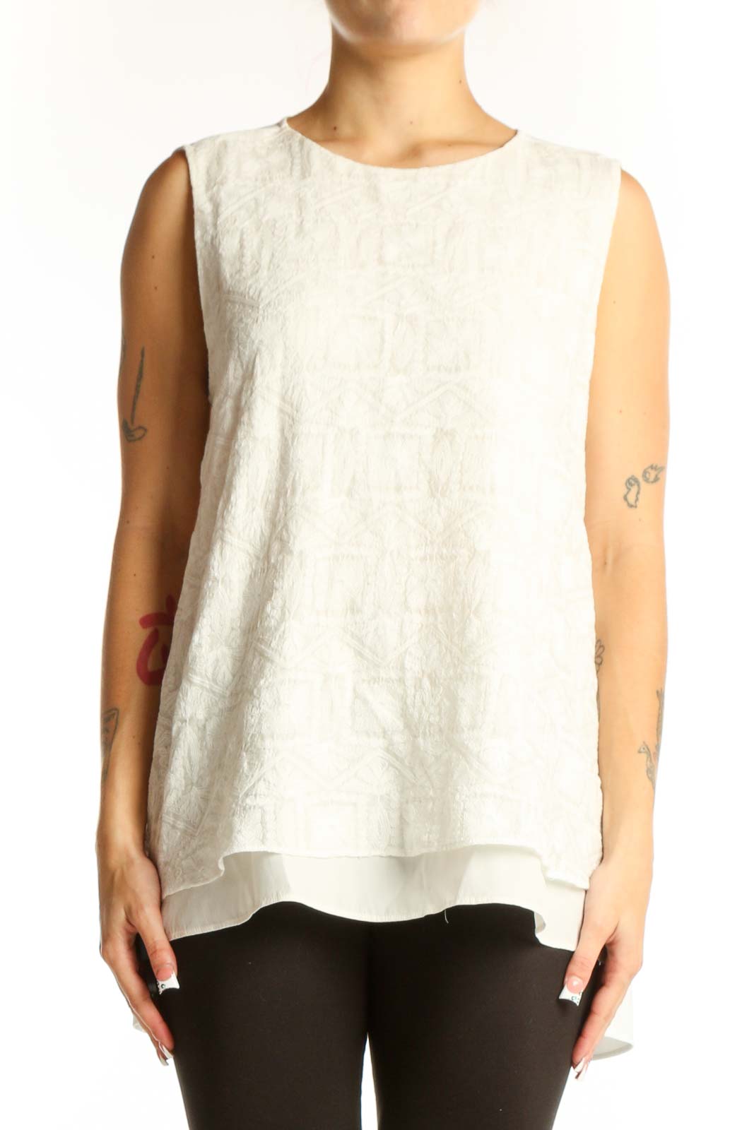 Front view of Lafayette 148 New York white layered sleeveless blouse