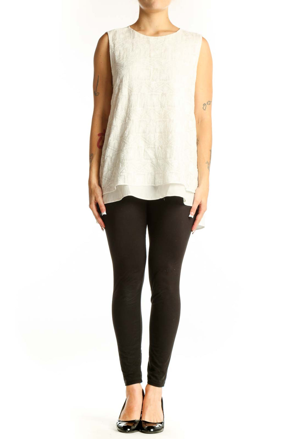 Front view of Lafayette 148 New York white layered sleeveless blouse