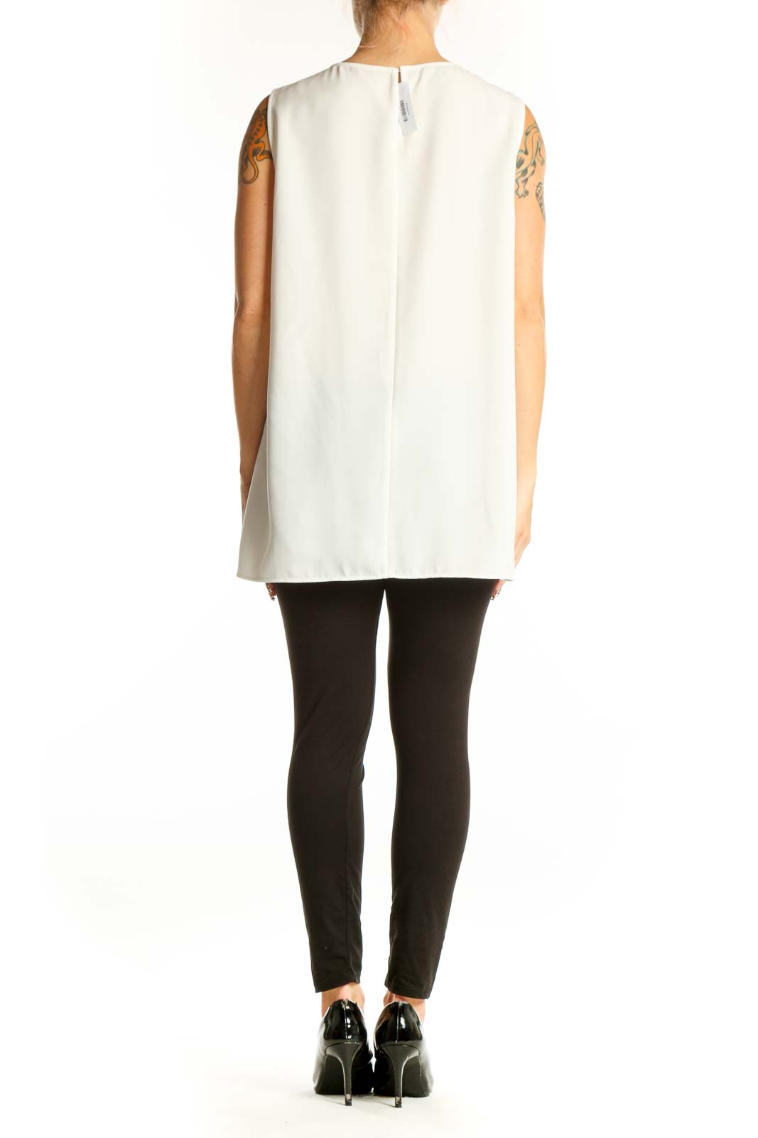 Side view of Lafayette 148 New York white layered sleeveless blouse on model