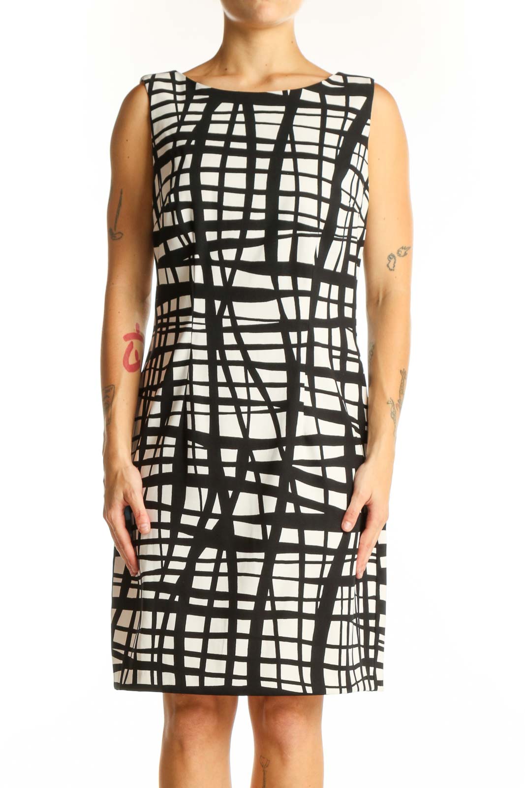 Front view of ALYX Black and White Abstract Grid Sheath Dress