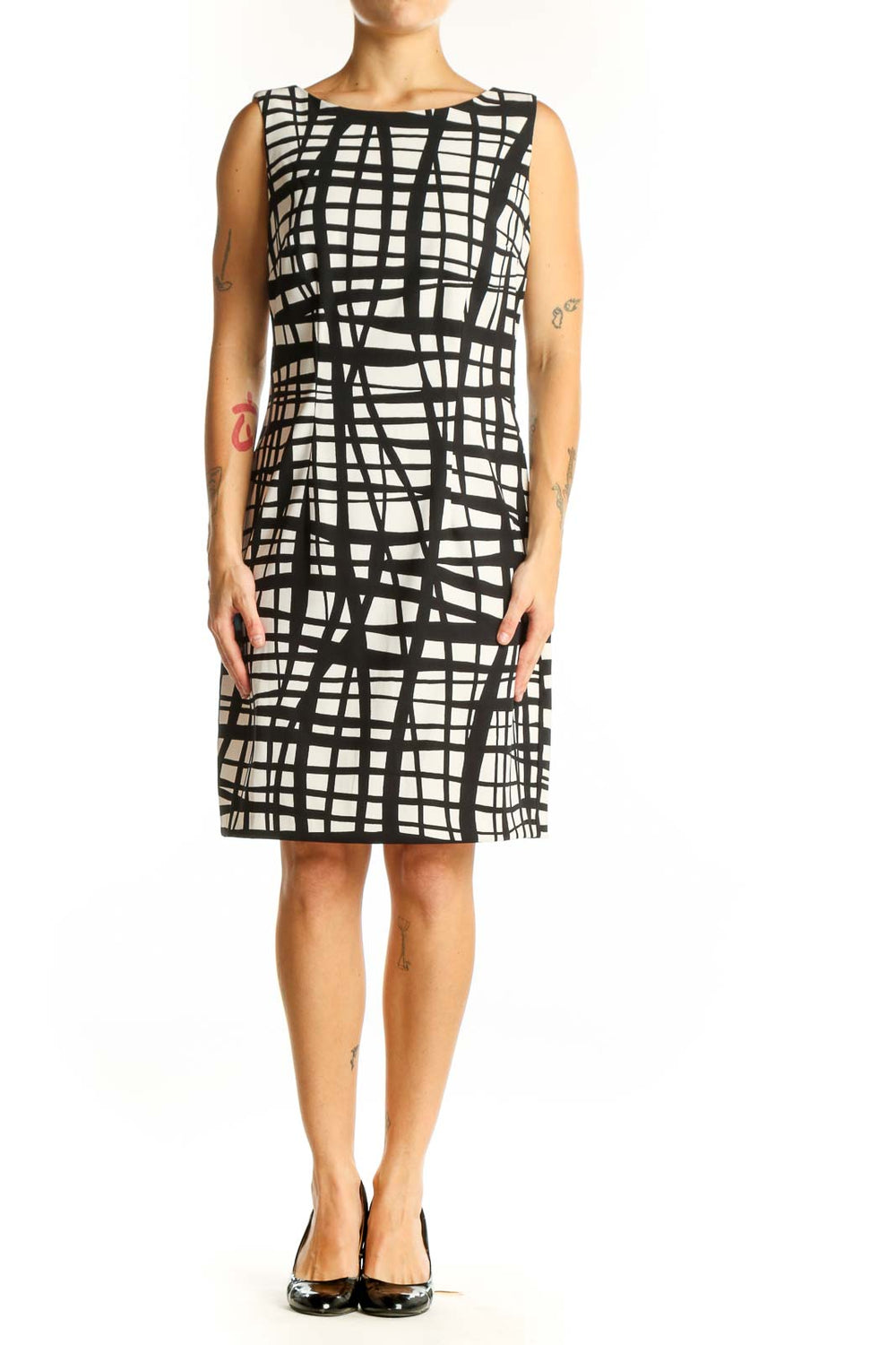 Front view of ALYX Black and White Abstract Grid Sheath Dress
