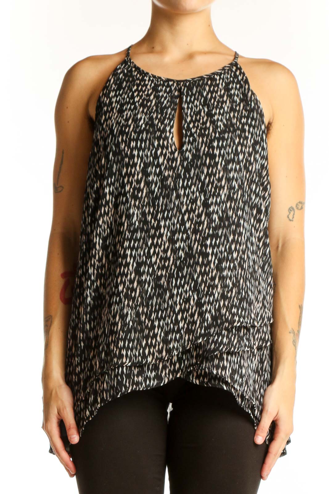 Front view of Banana Republic black patterned sleeveless blouse with keyhole neckline