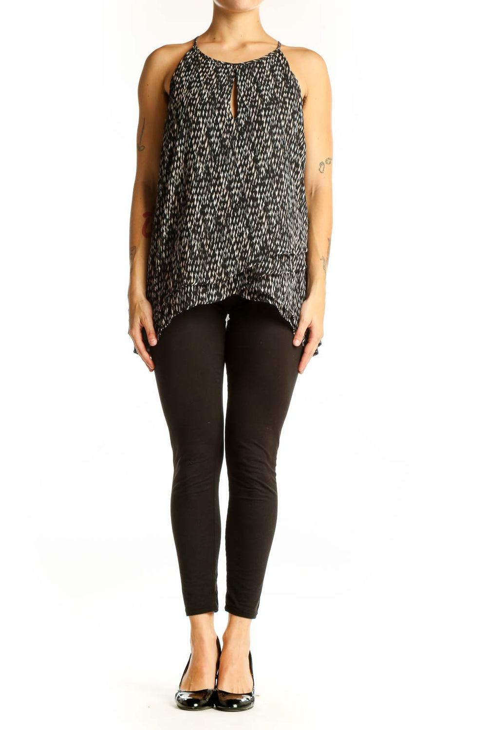 Front view of Banana Republic black patterned sleeveless blouse with keyhole neckline