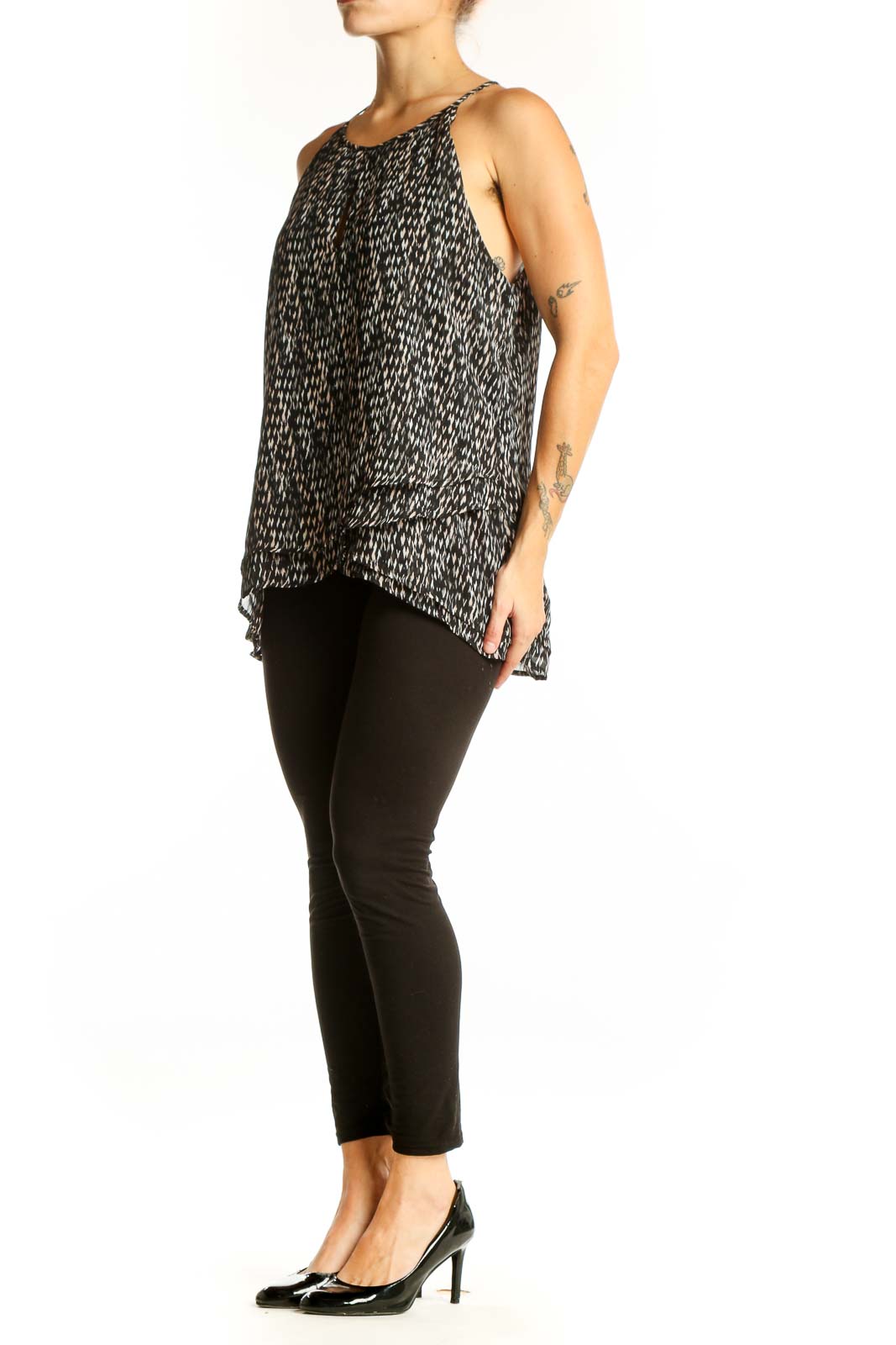 Front view of Banana Republic black patterned sleeveless blouse with keyhole neckline