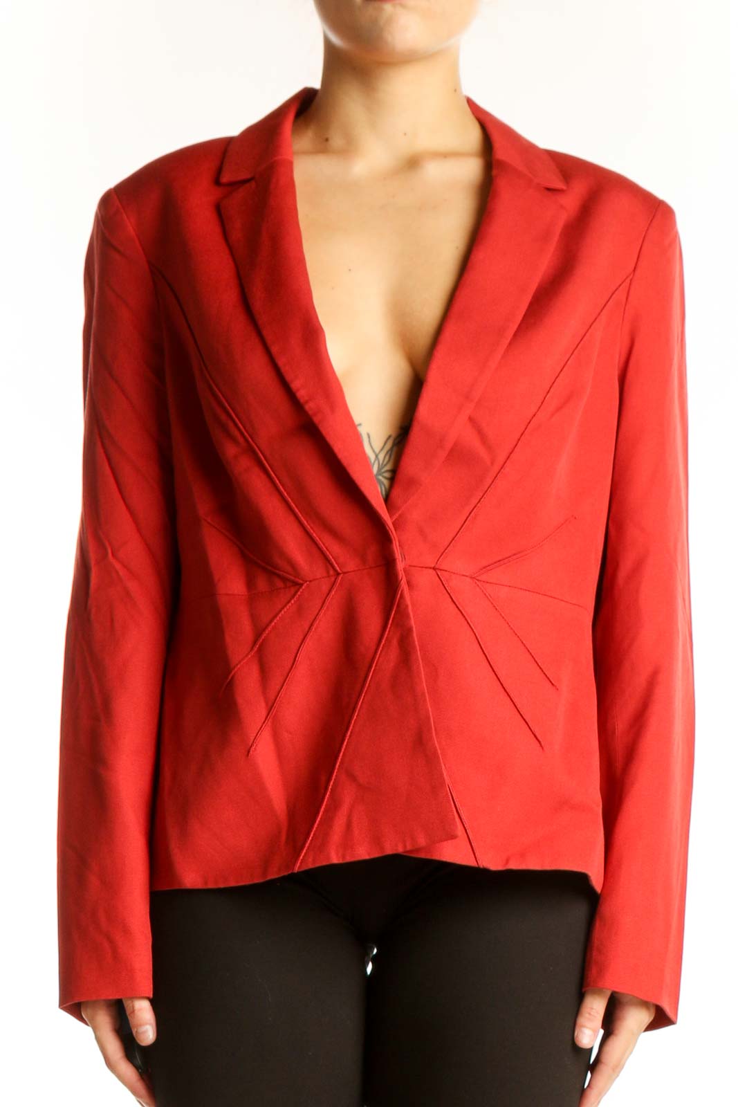 Front view of red structured Anne Klein blazer jacket