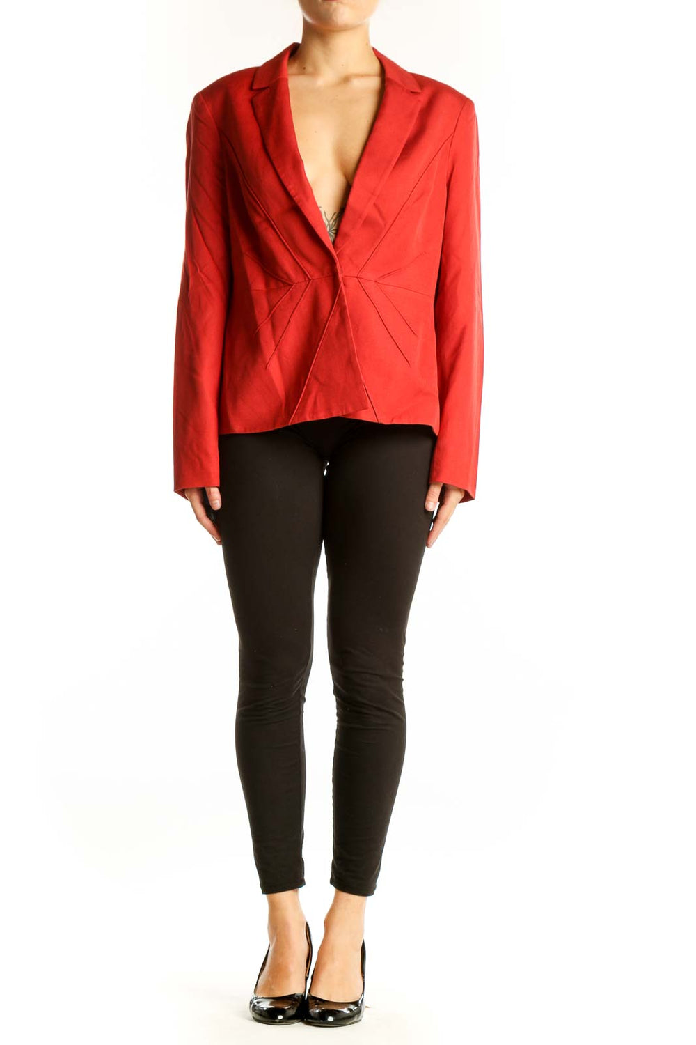 Front view of red structured Anne Klein blazer jacket