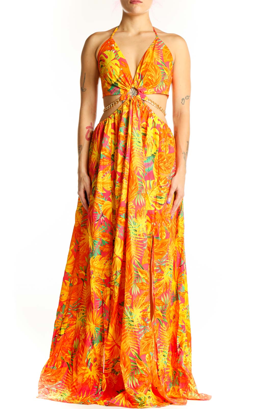 Orange tropical floral halter maxi dress with cutout waist detail and flowing A-line silhouette
