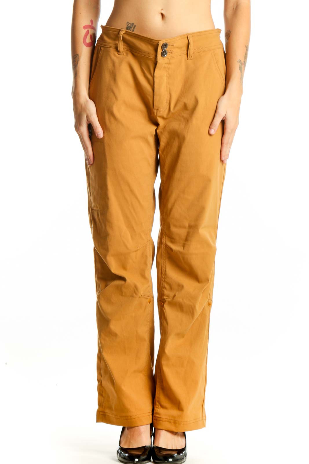 Front view of prAna mustard straight-leg outdoor pants on model
