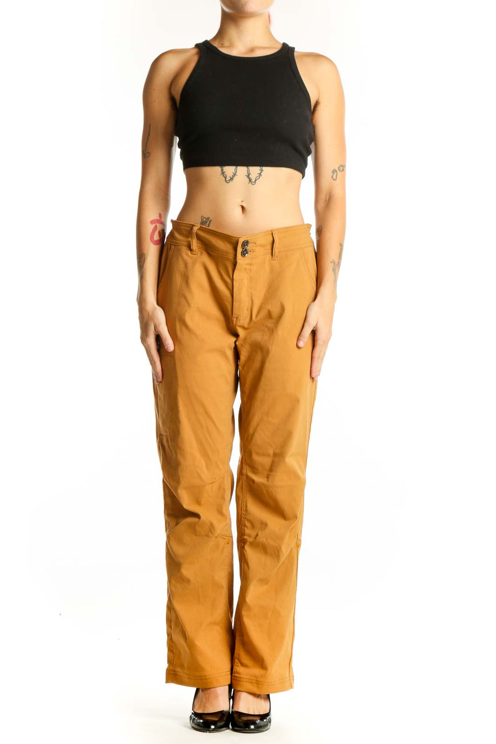 Front view of prAna mustard straight-leg outdoor pants on model