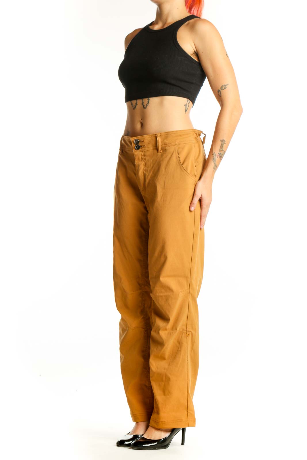 Front view of prAna mustard straight-leg outdoor pants on model