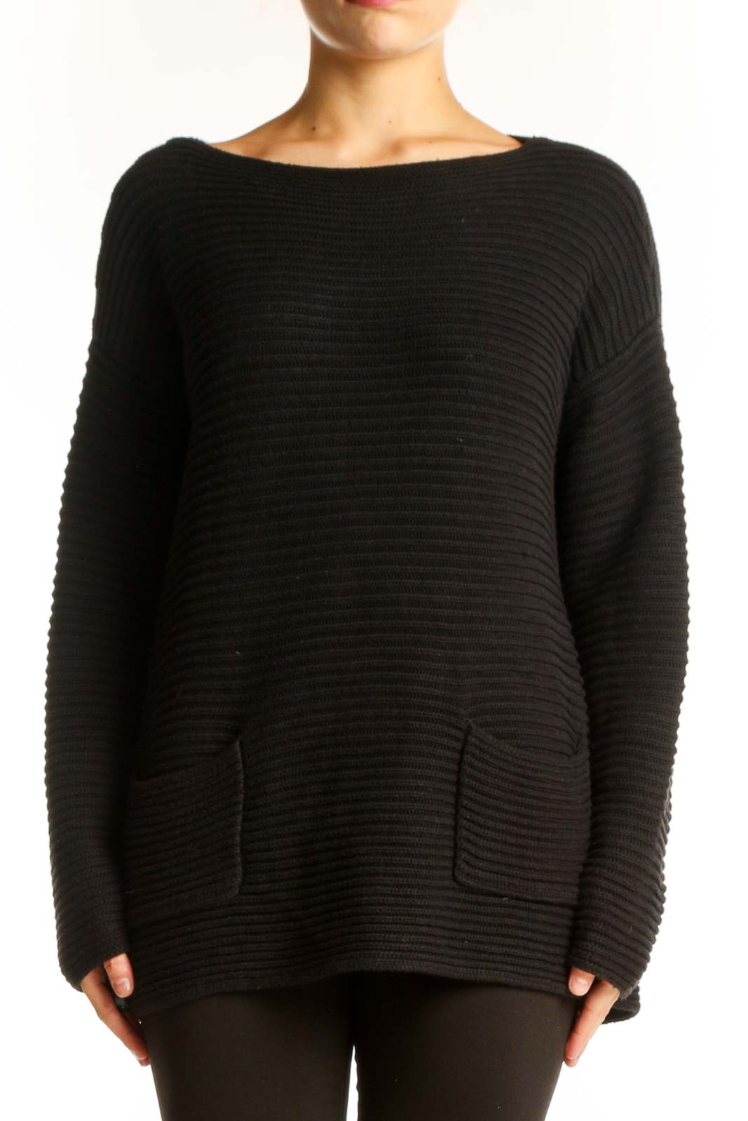 Front view of Vince Camuto black ribbed knit sweater with boat neck and front pockets