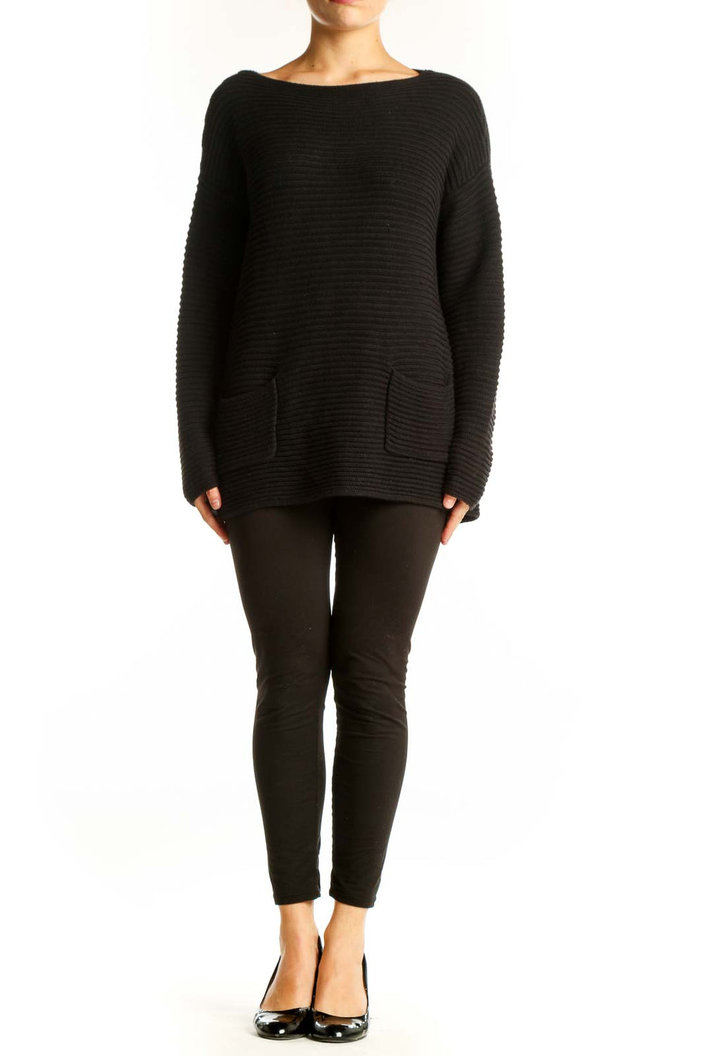 Front view of Vince Camuto black ribbed knit sweater with boat neck and front pockets