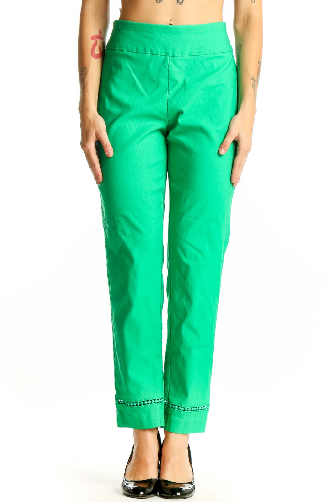 Front view of green slim-fit ankle-length pants by Crown & Ivy