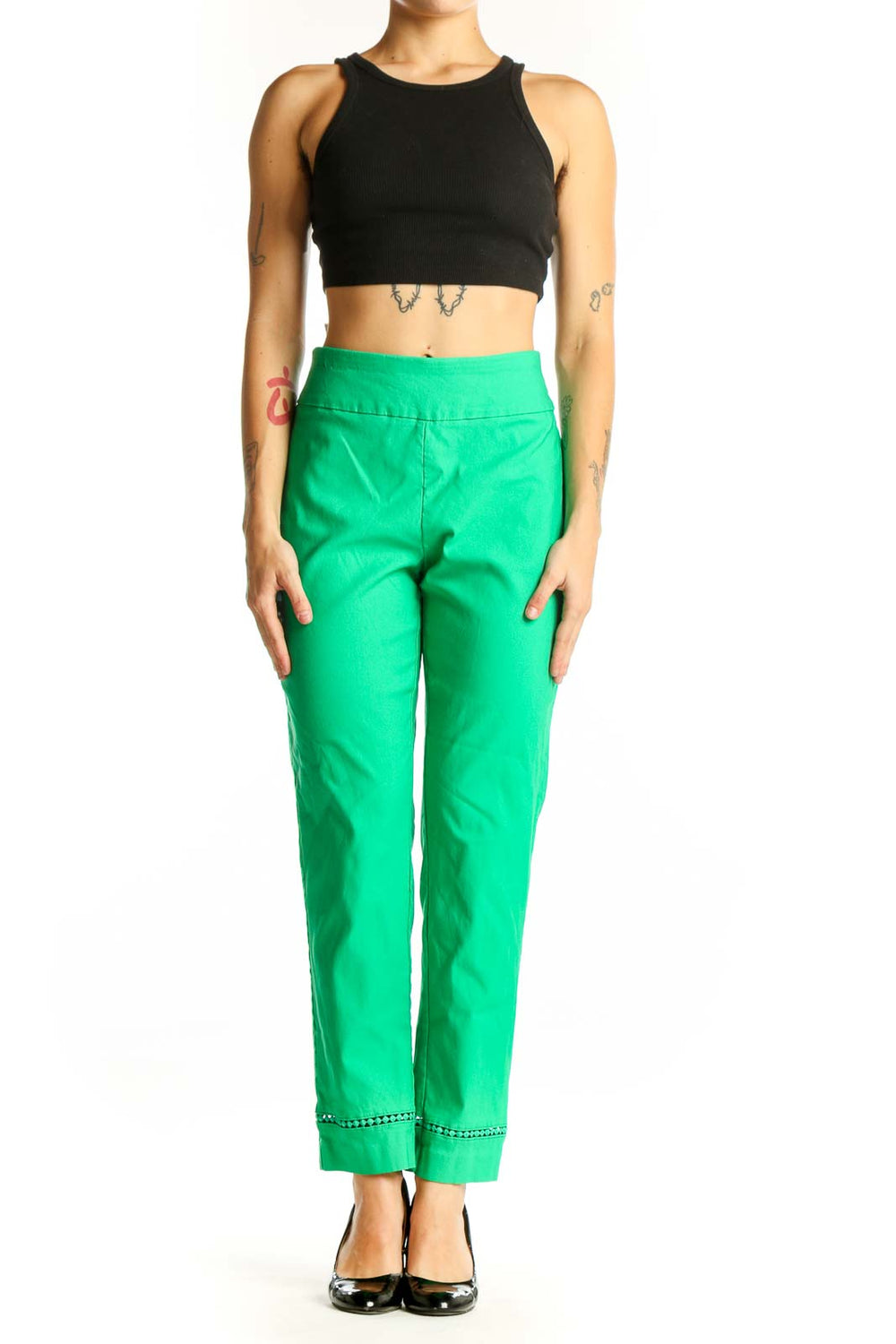 Front view of green slim-fit ankle-length pants by Crown & Ivy