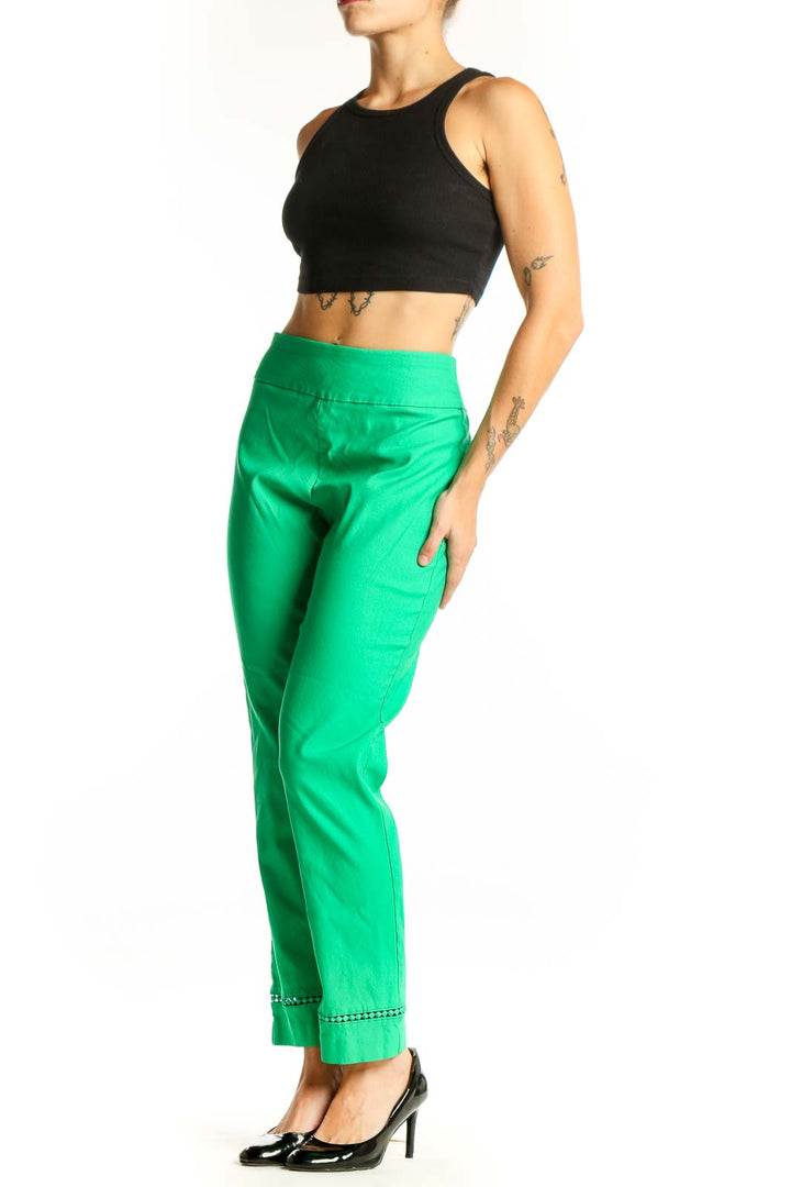 Front view of green slim-fit ankle-length pants by Crown & Ivy