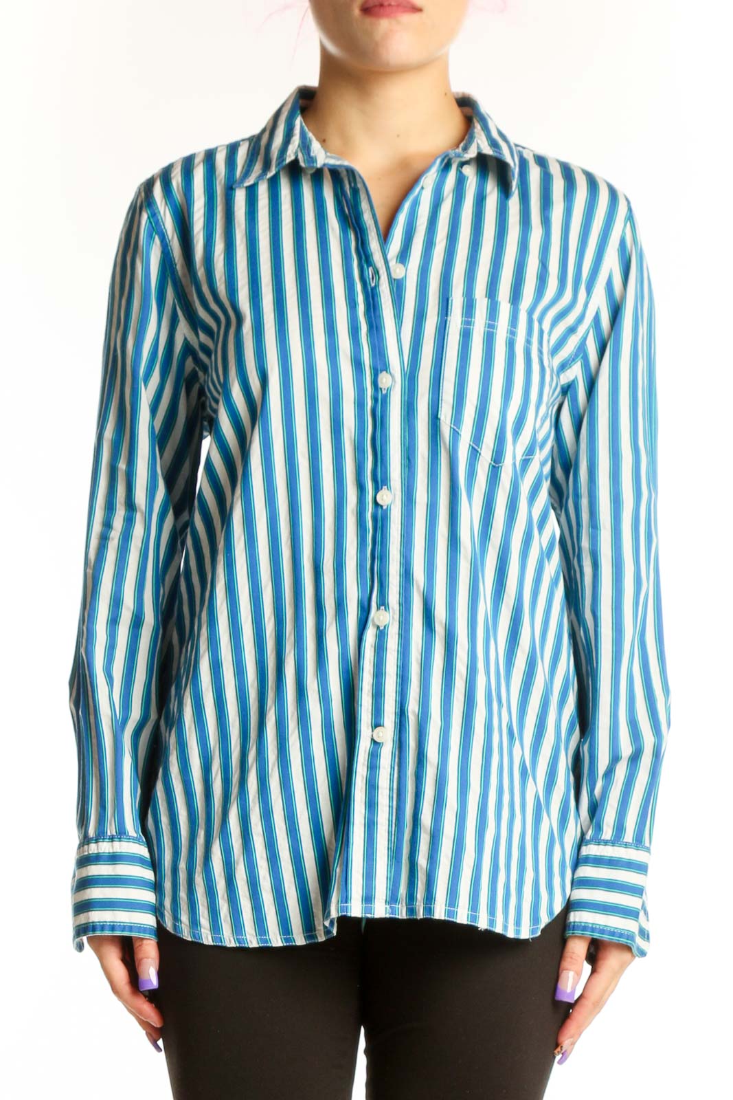 Blue and white striped cotton button-down shirt by J.Crew, front view on model