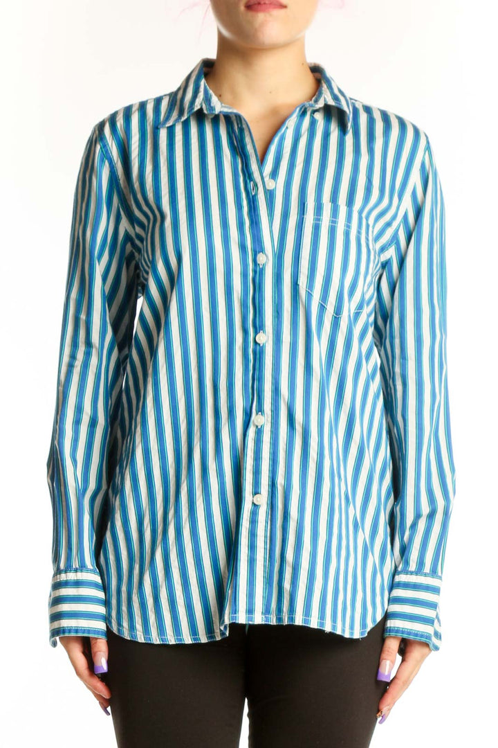 Blue and white striped cotton button-down shirt by J.Crew, front view on model
