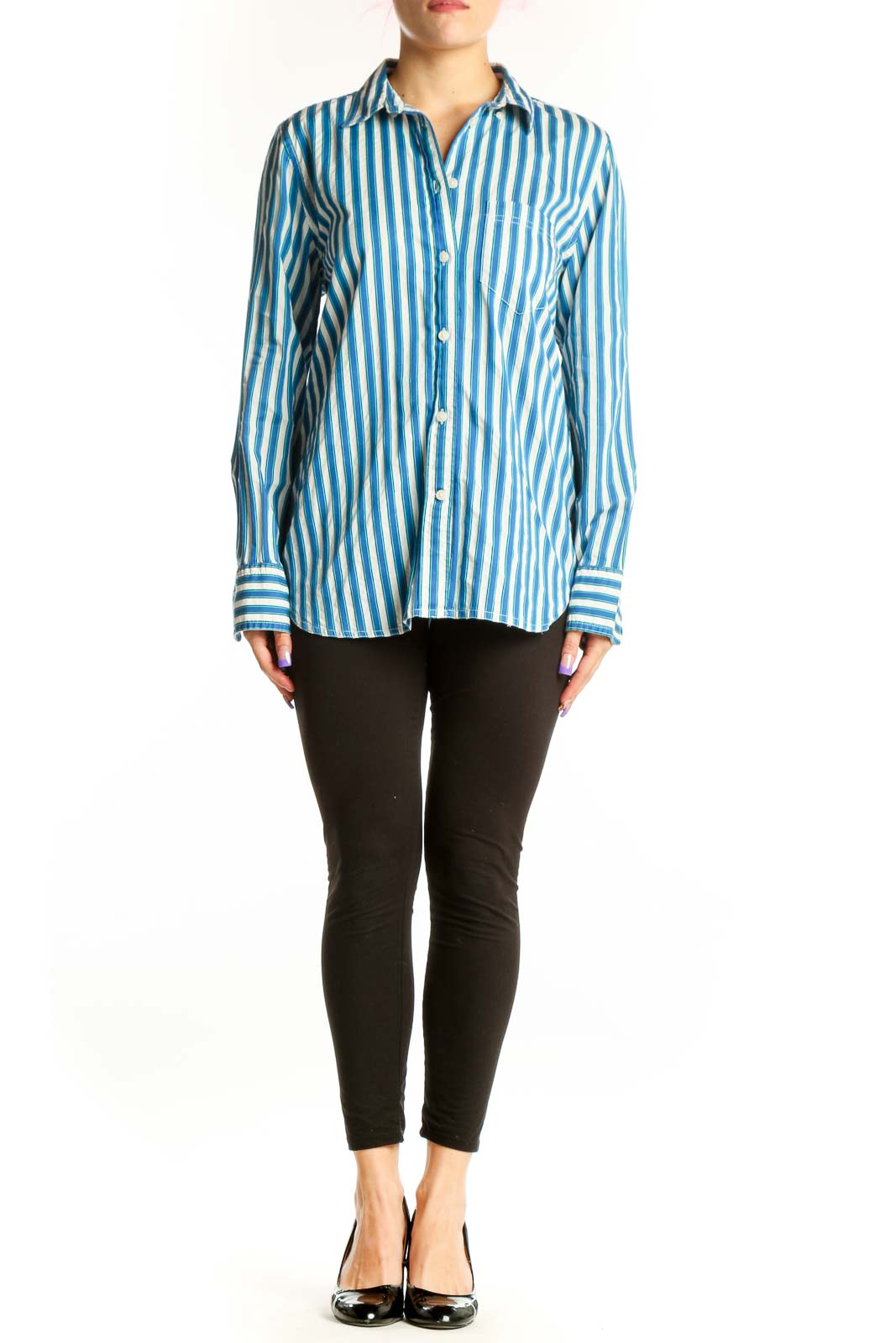 Blue and white striped cotton button-down shirt by J.Crew, front view on model