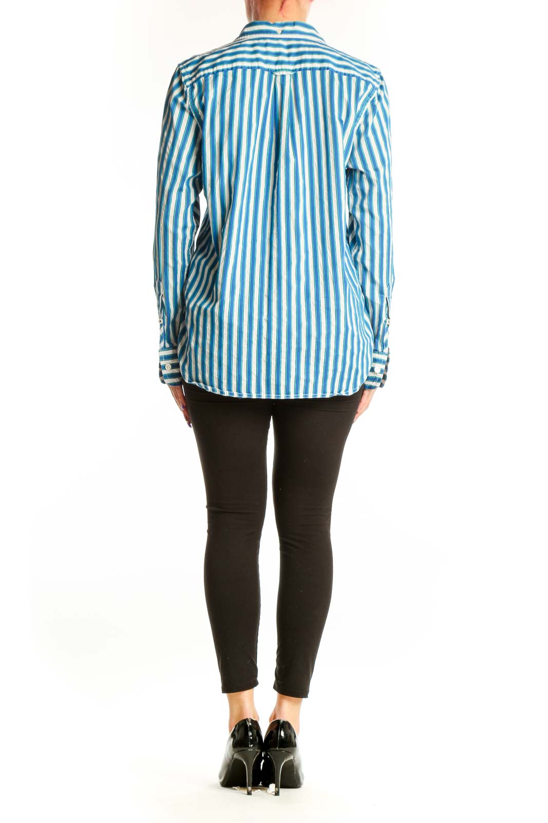 Blue and white striped cotton button-down shirt by J.Crew, back view on model