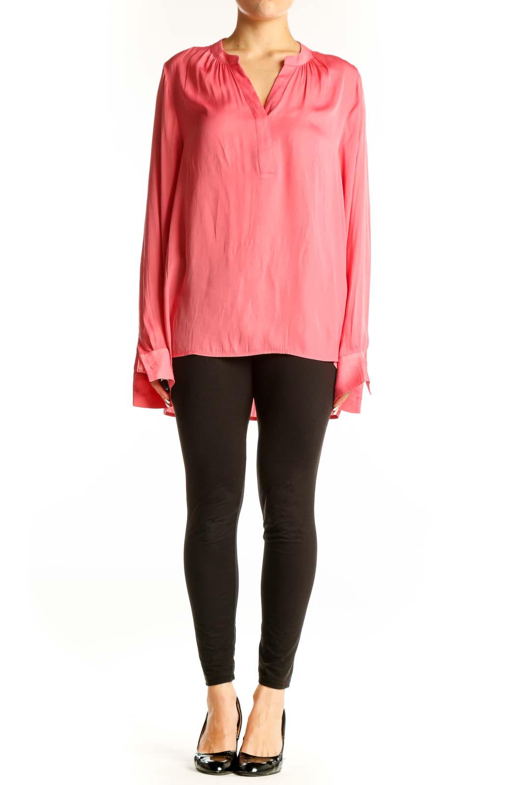 Front view of pink NYDJ long-sleeve polyester blouse with V-neckline