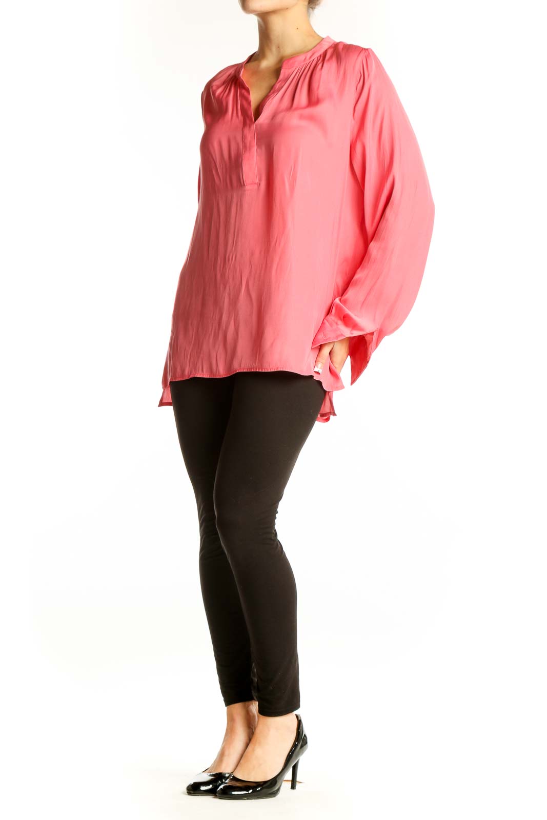 Front view of pink NYDJ long-sleeve polyester blouse with V-neckline