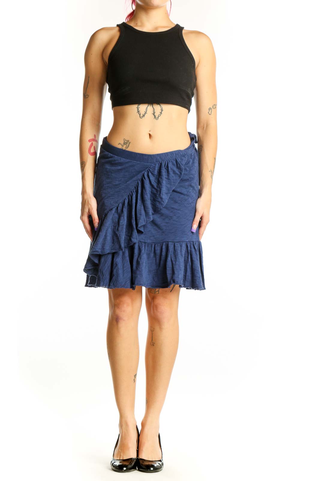Navy ruffled cotton mini skirt with asymmetrical wrap-style front and tiered ruffle detail