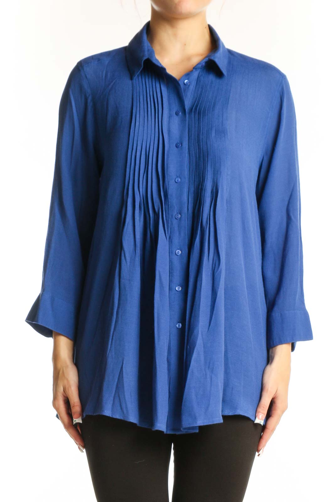 Front view of blue pleated button-down blouse by Fever