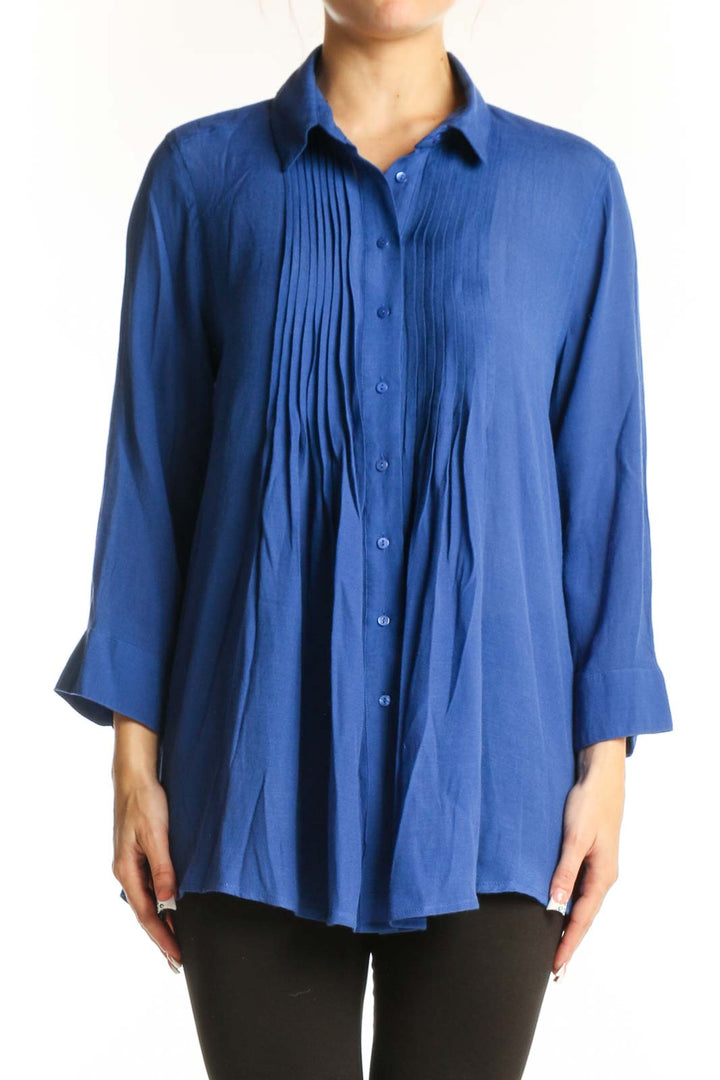 Front view of blue pleated button-down blouse by Fever